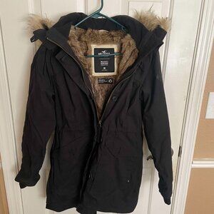 Hollister Black Fur Lined Parka Jacket with Detachable Hood